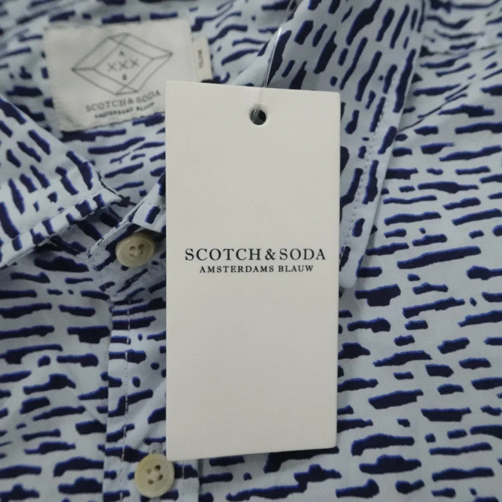 Scotch & Soda Shirt Mens XL White Blue Slim Fit Abstract Print Button Down